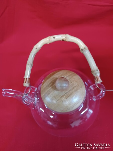 Üveg teáskanna bambusz tetővel és füllel