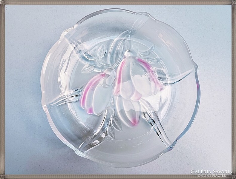 Vintage walther heavy glass crystal serving bowl / bowl / with a pink tulip with a ruffled edge.