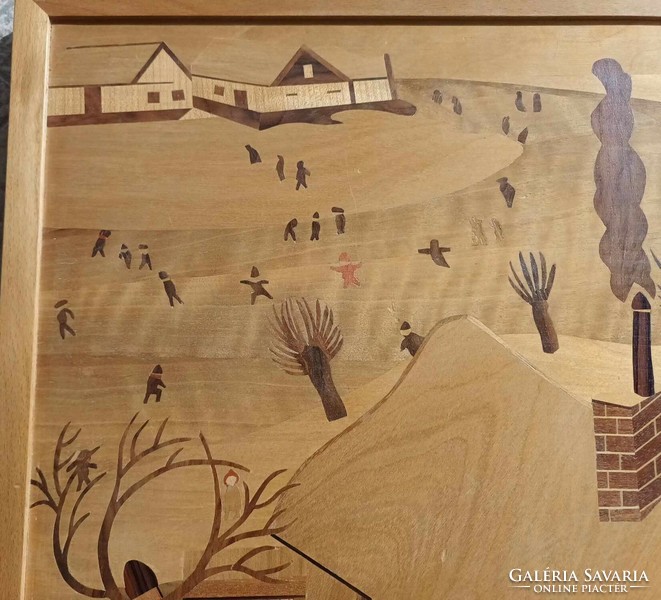 Intarziakép  - intarzia kép  Pólya Korcsolyázók télen festménye nyomán