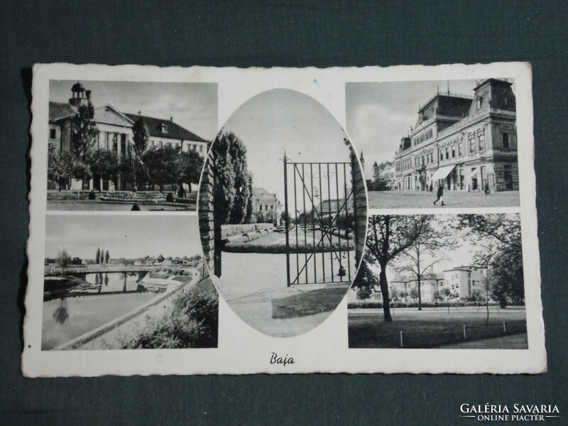 Képeslap, Baja, mozaik részletek,Sugovica part,látkép,szálló,városháza,park,1940-50