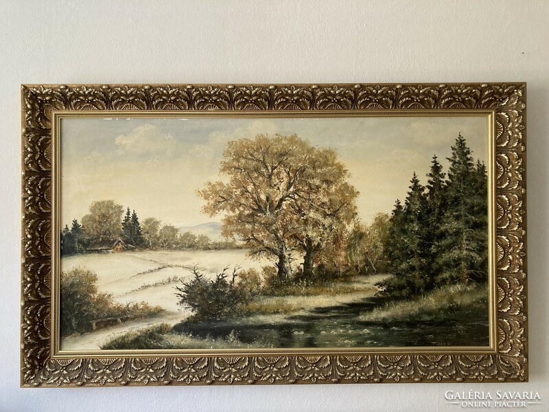 Károly Feith: landscape with house - oil/wooden technique