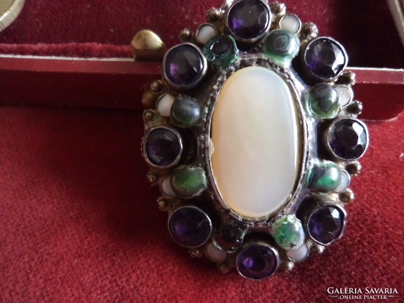Antique silver brooch - and medallion in one - decorated with a huge mother-of-pearl and many almadines -