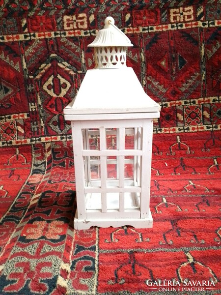 Antik stílusú fehérre festett fa lámpás lámpa mécsestartó gyertyatartó hangulat világítás nagy 43 cm