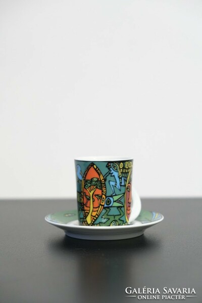Irene Wieland tervezése, színes mokkás csésze és tányérja Rosenthaltól