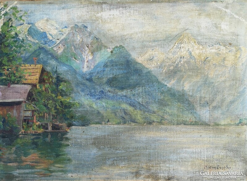 Mednyánszky (1852-1919) marked: mountain lake with hut. Signed oil painting.