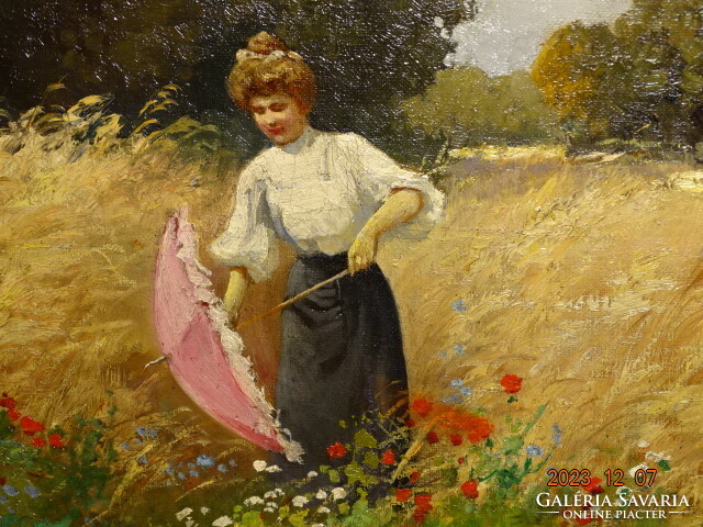 Gy. Zorkóczy (nagyrőce, gömör 1873- Bp. 1932): Lady with parasol among colorful flowers (wheat panel