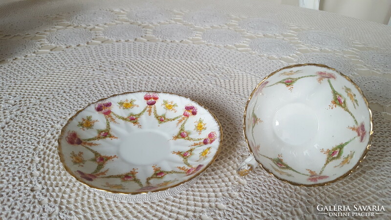 Wonderful antique English m&sl. Flower garland, bone china tea cup duo