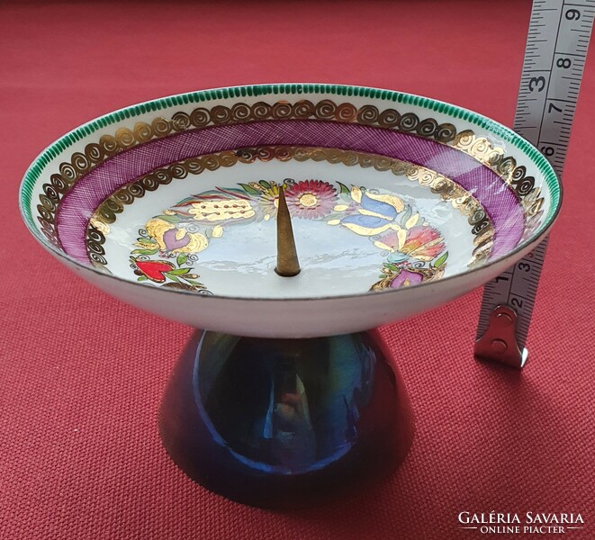 Old antique candle holder metal copper enamel hand painted