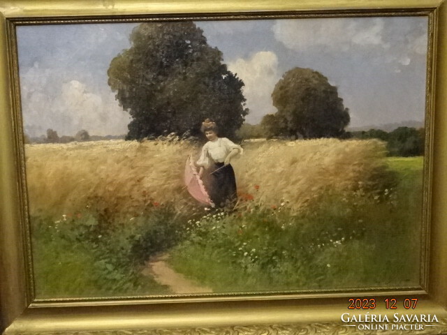 Gy. Zorkóczy (nagyrőce, gömör 1873- Bp. 1932): Lady with parasol among colorful flowers (wheat panel