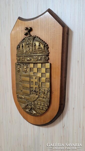 Hungarian coat of arms bronze wall decoration on a wooden base.