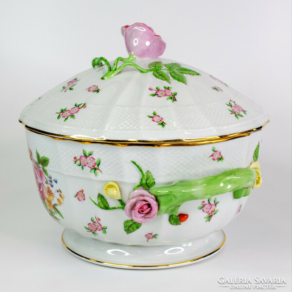 Herend flower pattern soup bowl with a rose on top