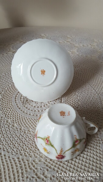 Wonderful antique English m&sl. Flower garland, bone china tea cup duo