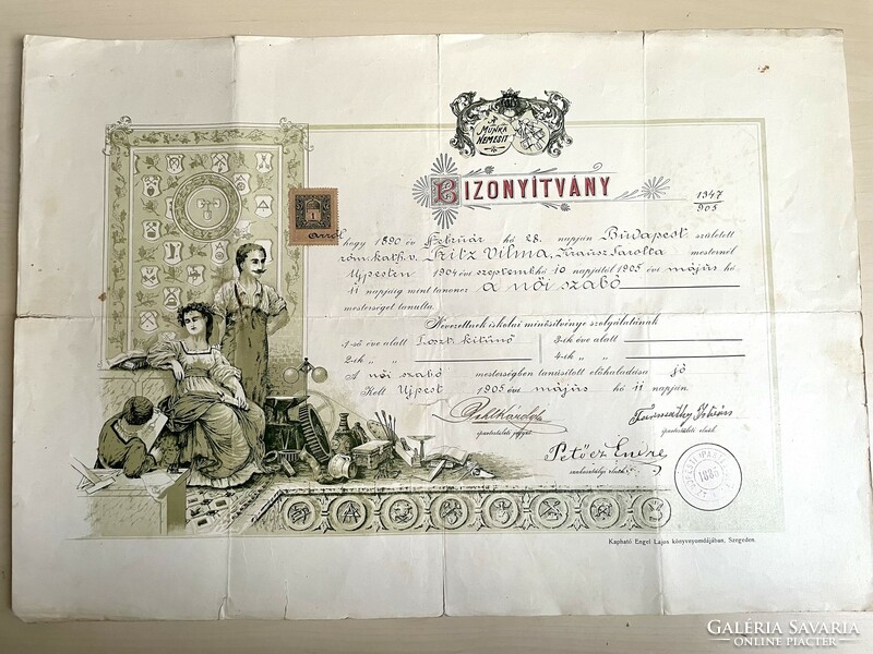 1905, Újpest, female tailor's certificate, diploma