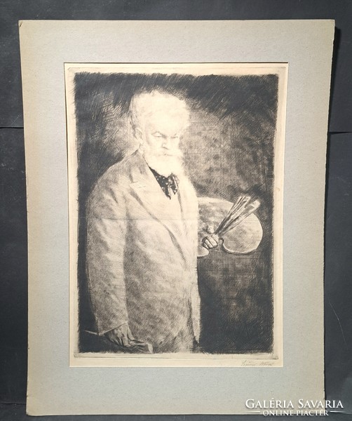 István Szőnyi: portrait of Mihály Münkacsy (etching) rare large-scale graphic, painter's portrait