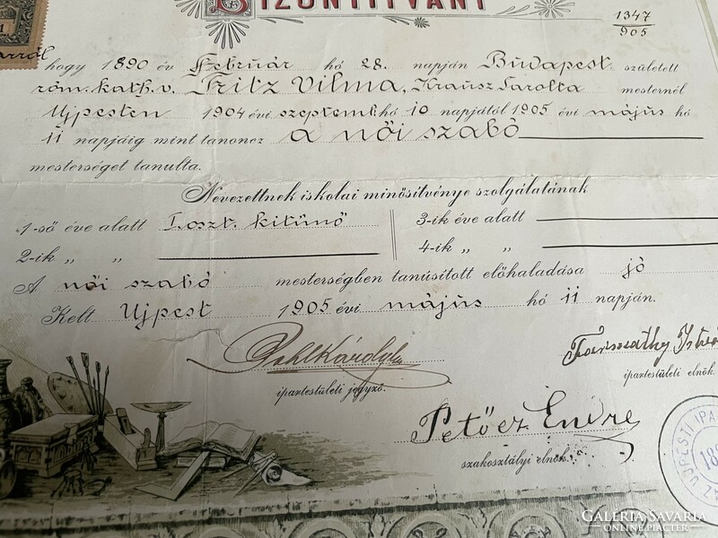 1905, Újpest, female tailor's certificate, diploma