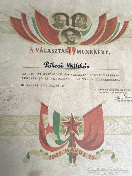 1949, Rákosi, Magyar Dolgozók Pártja oklevél, emléklap