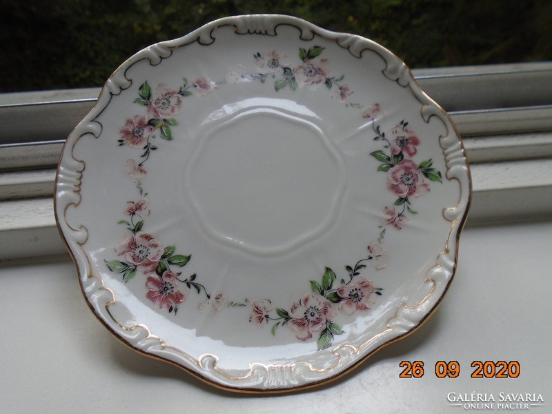 Zolnay plate with shield seal, painted over glaze, gold-feathered peach flower pattern