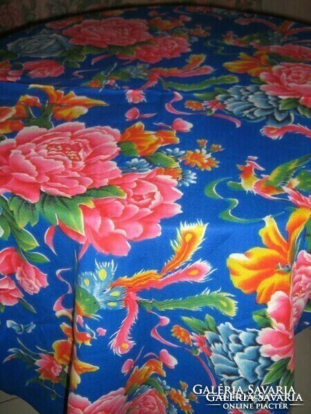 Beautiful vintage rose and bird pattern on huge fluffy soft woven tablecloth running