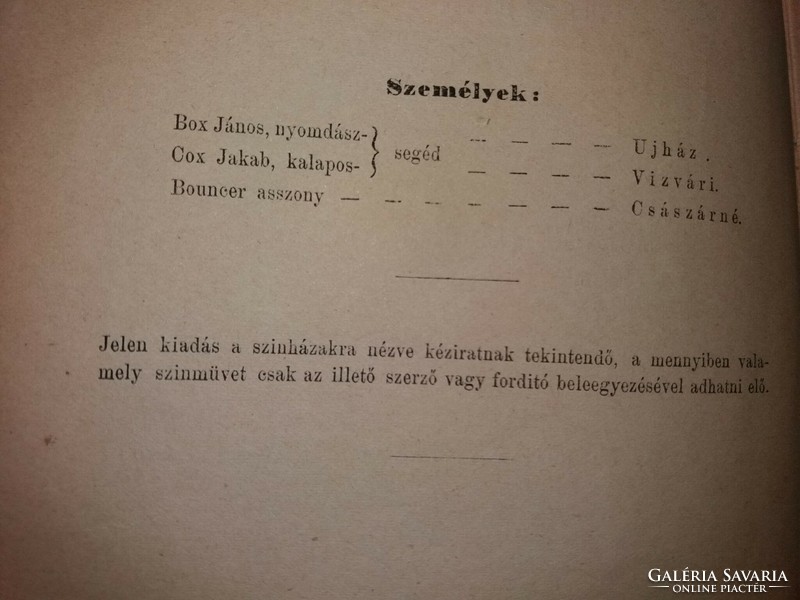 1880. Morton Maddison János : BOX és COX Vígjáték egy felvonásban. könyvecske a képek szerint