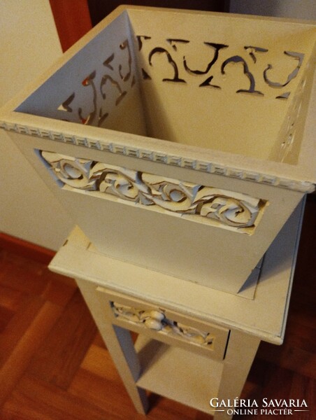 Carved, painted, wooden drawer stand with accessory holder
