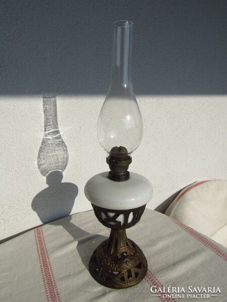 Art Nouveau table kerosene lamp, cast iron base, milk glass container