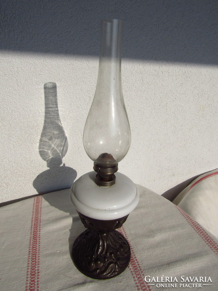 Art Nouveau table kerosene lamp, cast iron base, milk glass container