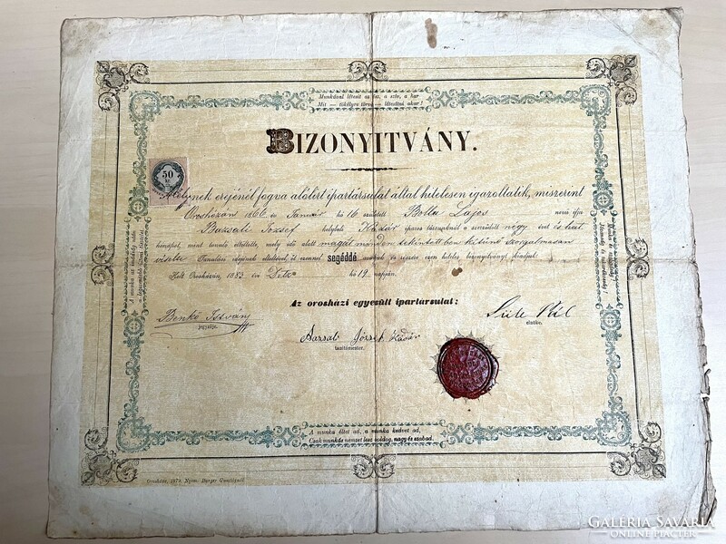 1883, Orosháza, cooper's assistant certificate, diploma