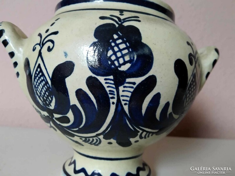 Korondi blue flower pot with handles, circa 1980s