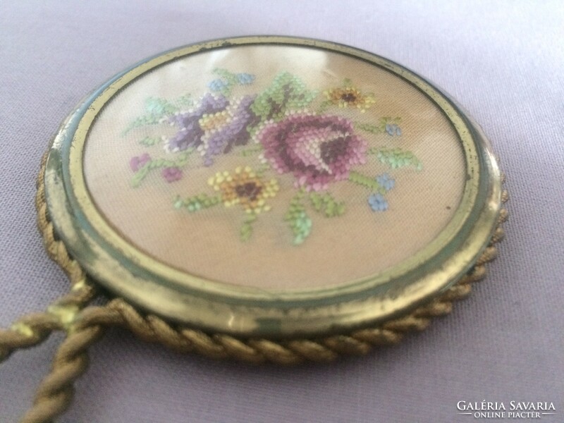 Old small hand mirror tapestry with insert