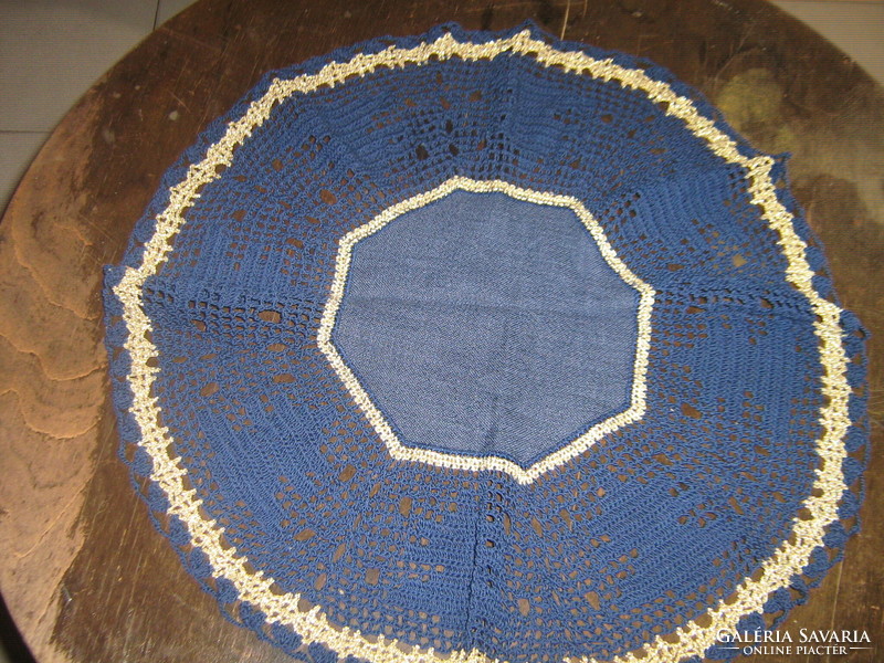 Beautiful hand crocheted round wavy dark blue gold needlework tablecloth