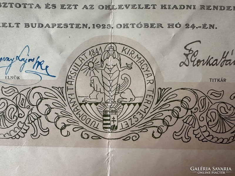 Certificate of the Royal Hungarian Society of Natural Sciences, 1923