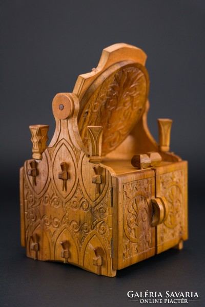 Wooden, hand-carved, mirrored, small box with drawers, made in 1976.