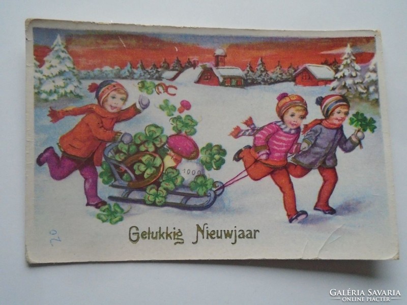D201698 old postcard New Year - children, mushroom, clover, money bag sled horseshoe