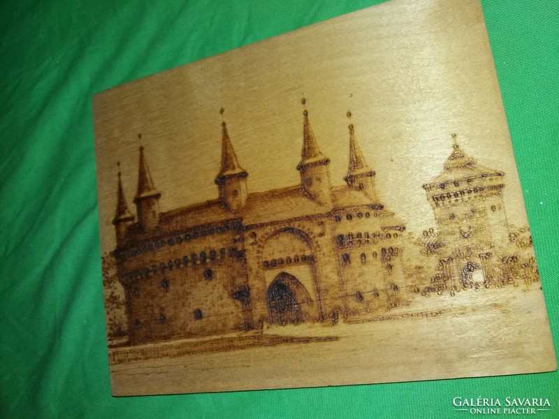 1975. Kraków-Barbakan wood-burnt mural with +d effect travel souvenir souvenir 20x16cm according to the pictures