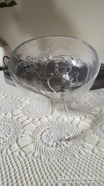 Thick glass bowl with a handle with relief patterns