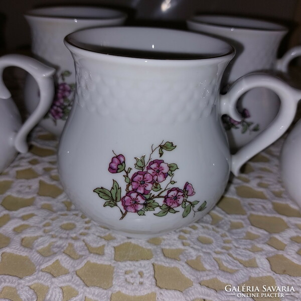 Hallóháza pot-bellied, pot-bellied, rare, beautiful gold-edged, floral, porcelain mug, 6 pcs.