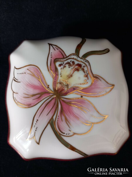 Zsolnay porcelán orchideás bonbonier, hibátlan, új