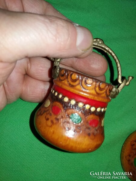Old Bulgaria Bulgarian carved painted mini bucket with metal handle wooden salt and pepper holder pair 6cm according to the pictures