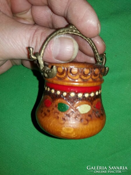 Old Bulgaria Bulgarian carved painted mini bucket with metal handle wooden salt and pepper holder pair 6cm according to the pictures