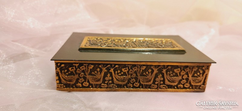 Industrial red copper decorated box with wooden inlay.