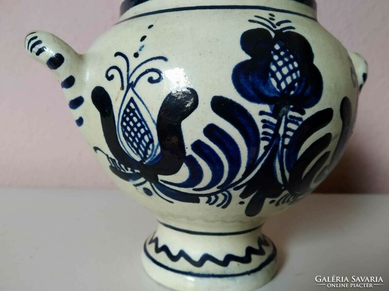 Korondi blue flower pot with handles, circa 1980s