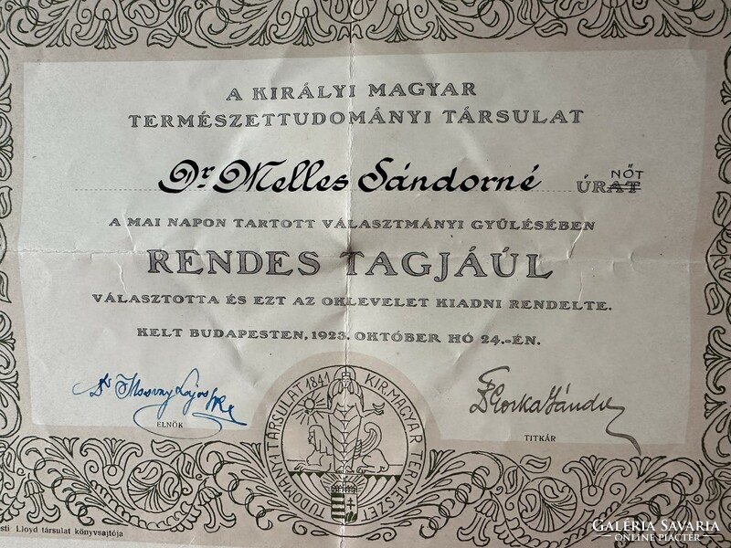 Certificate of the Royal Hungarian Society of Natural Sciences, 1923