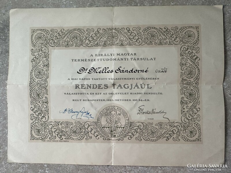 Certificate of the Royal Hungarian Society of Natural Sciences, 1923