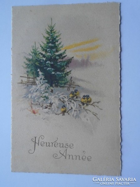 D201676 old postcard New Year's page - titmouses on a snowy branch 1920-30