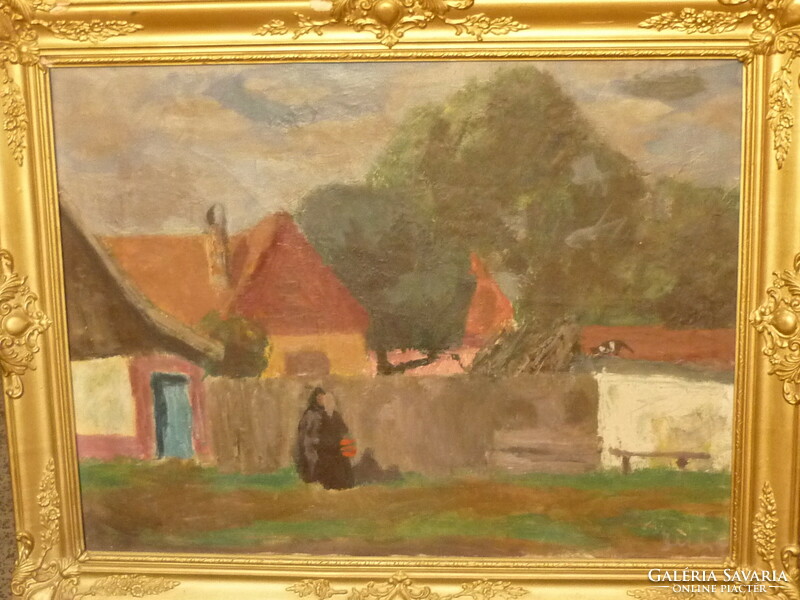 Sándor Bótos for sale: oil canvas painting of village houses with people talking and a cat