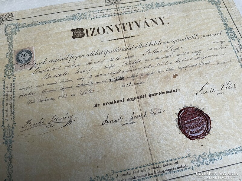 1883, Orosháza, cooper's assistant certificate, diploma