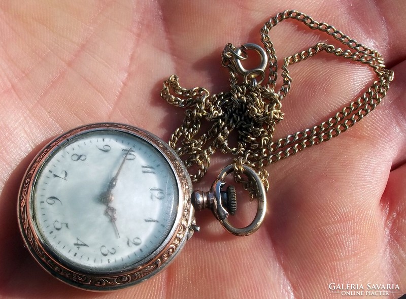 Antique gold-silver women's pocket watch with gold-plated chain