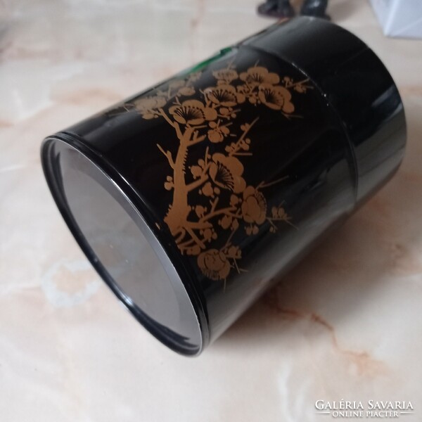 Black lacquered metal box with oriental pattern