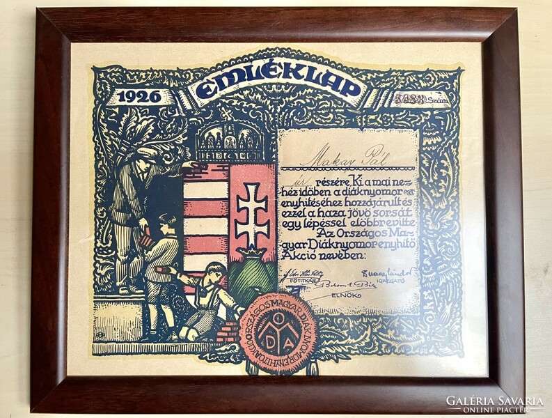 1926, National student relief campaign commemorative card, framed