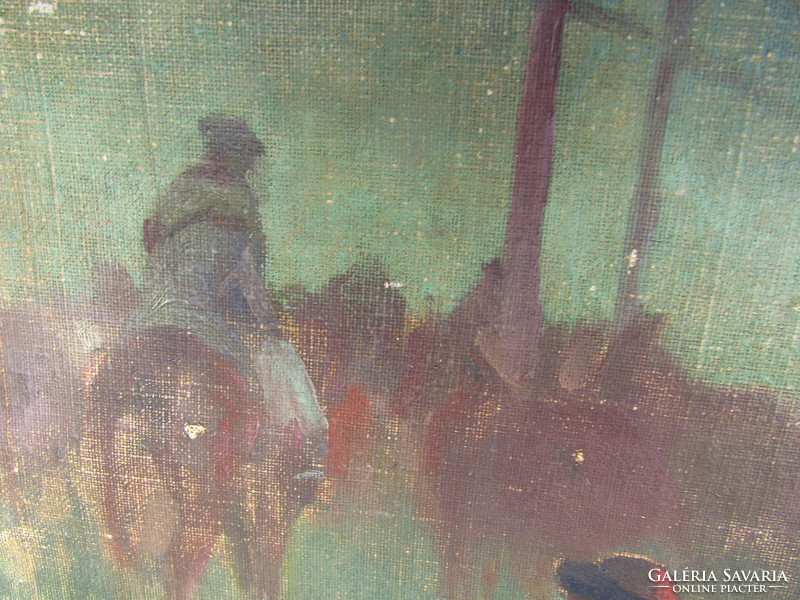 "Pásztorok" olaj-vászon életkép, hangulatos, magyaros témájú antik festmény